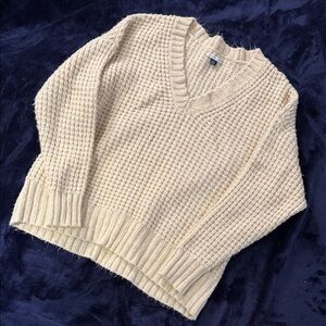 American Eagle Outfitters Cream Waffle V-Neck Sweater